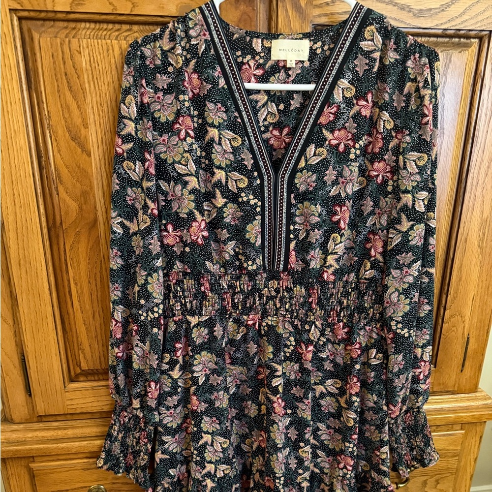 Colorful floral print dress, long sleeved